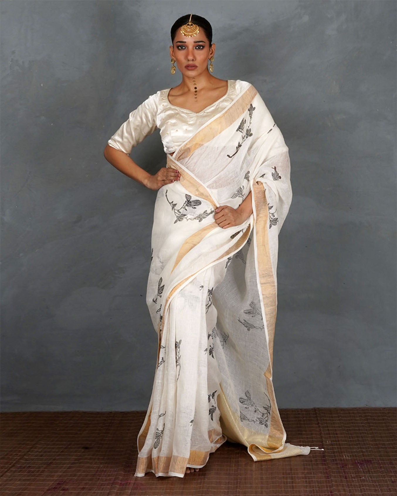 Aabroo White Handblock Linen Saree - TARA