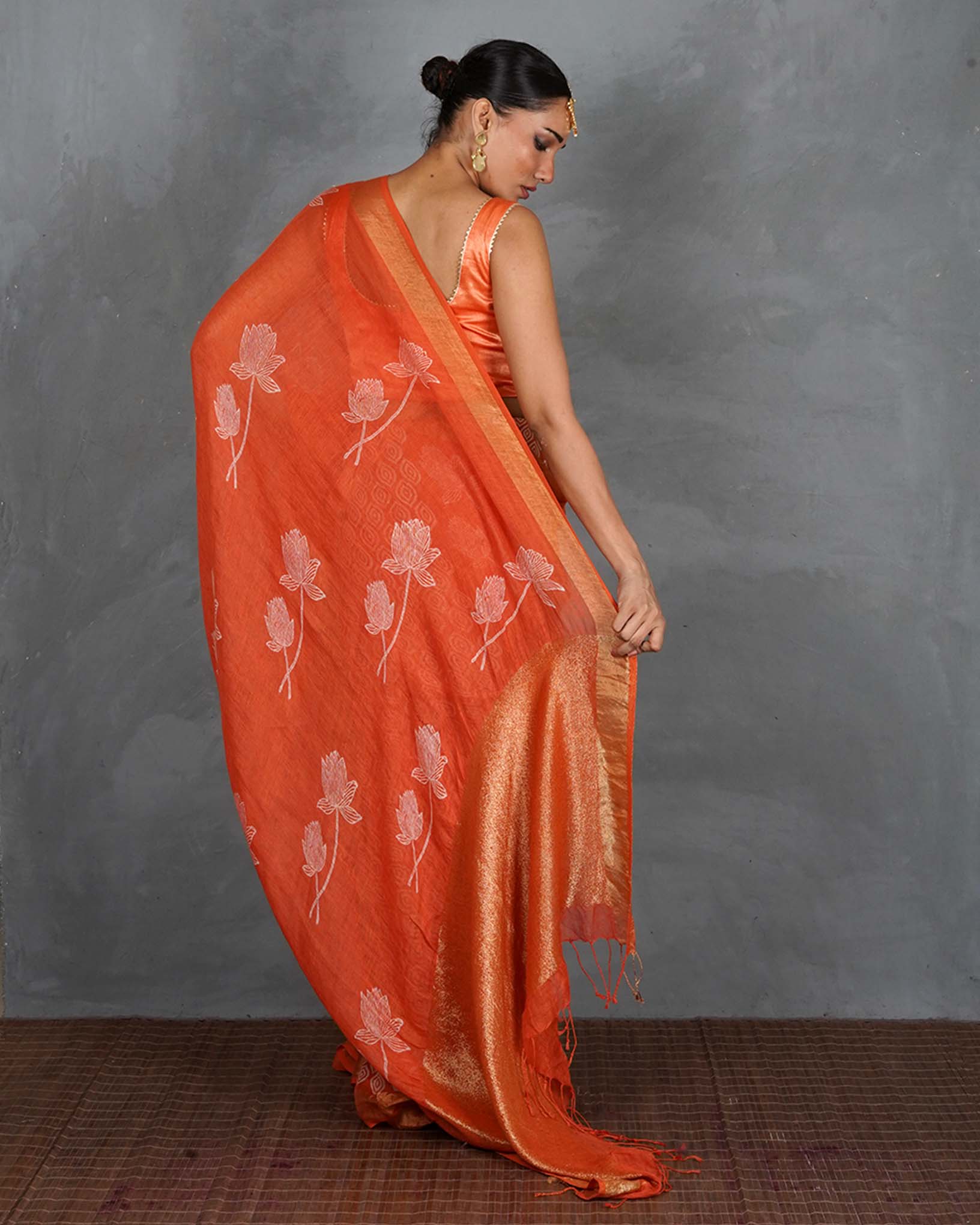Meher Orange Handblock Linen Saree - TARA