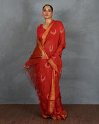 Taraani Red Handblock Linen Saree - TARA