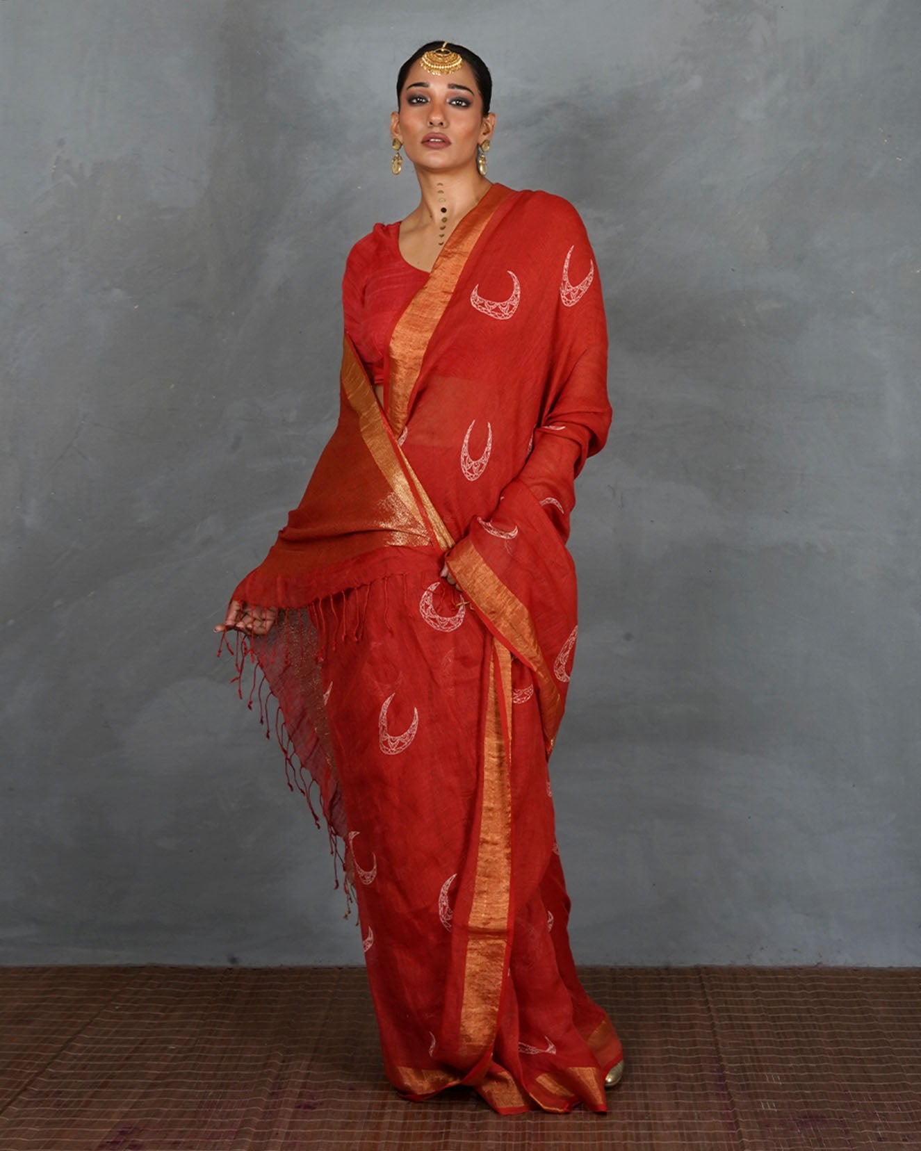 Taraani Red Handblock Linen Saree - TARA