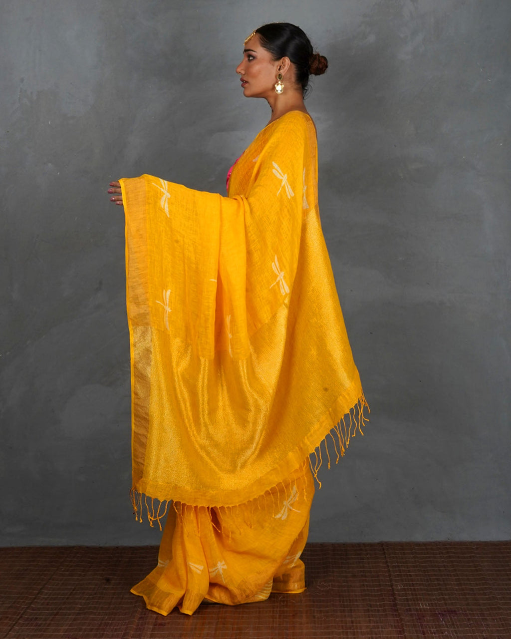 Roshni Yellow Handblock Linen Saree - TARA