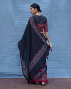 Binodini Black With Maroon Handblock Printed Cotton Saree - Soil