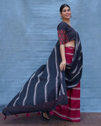 Mrinal Black With Maroon Handblock Printed Cotton Saree - Soil