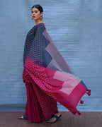 Nandini Maroon With Black Handblock Printed Cotton Saree - Soil
