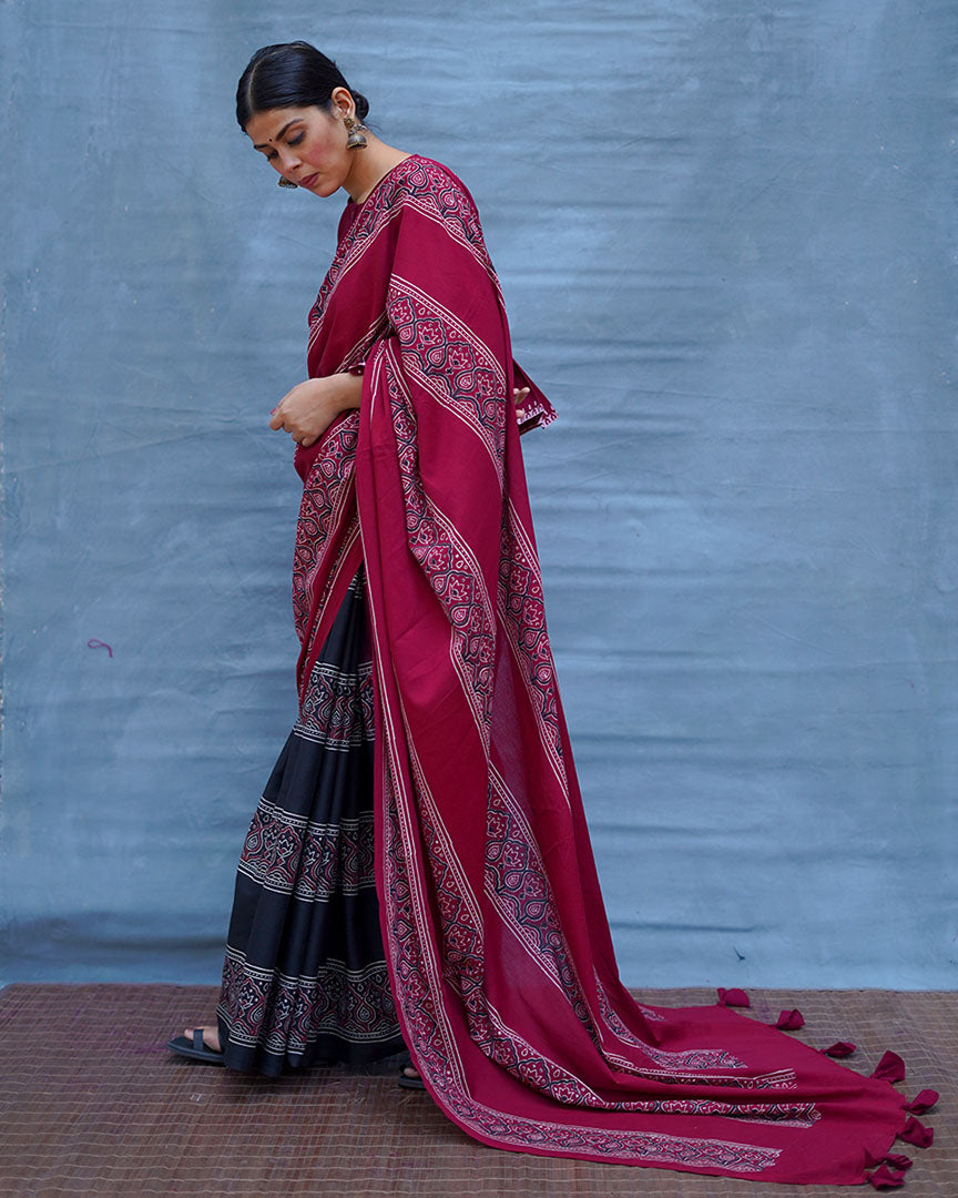 Labanya Maroon Handblock Printed Cotton Saree - Soil