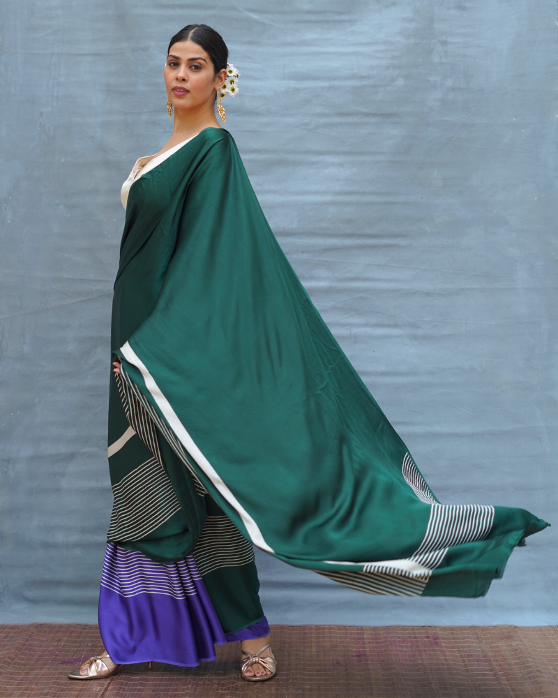 Slow Ripple Green Handblock Print Modal Silk Saree - Flow