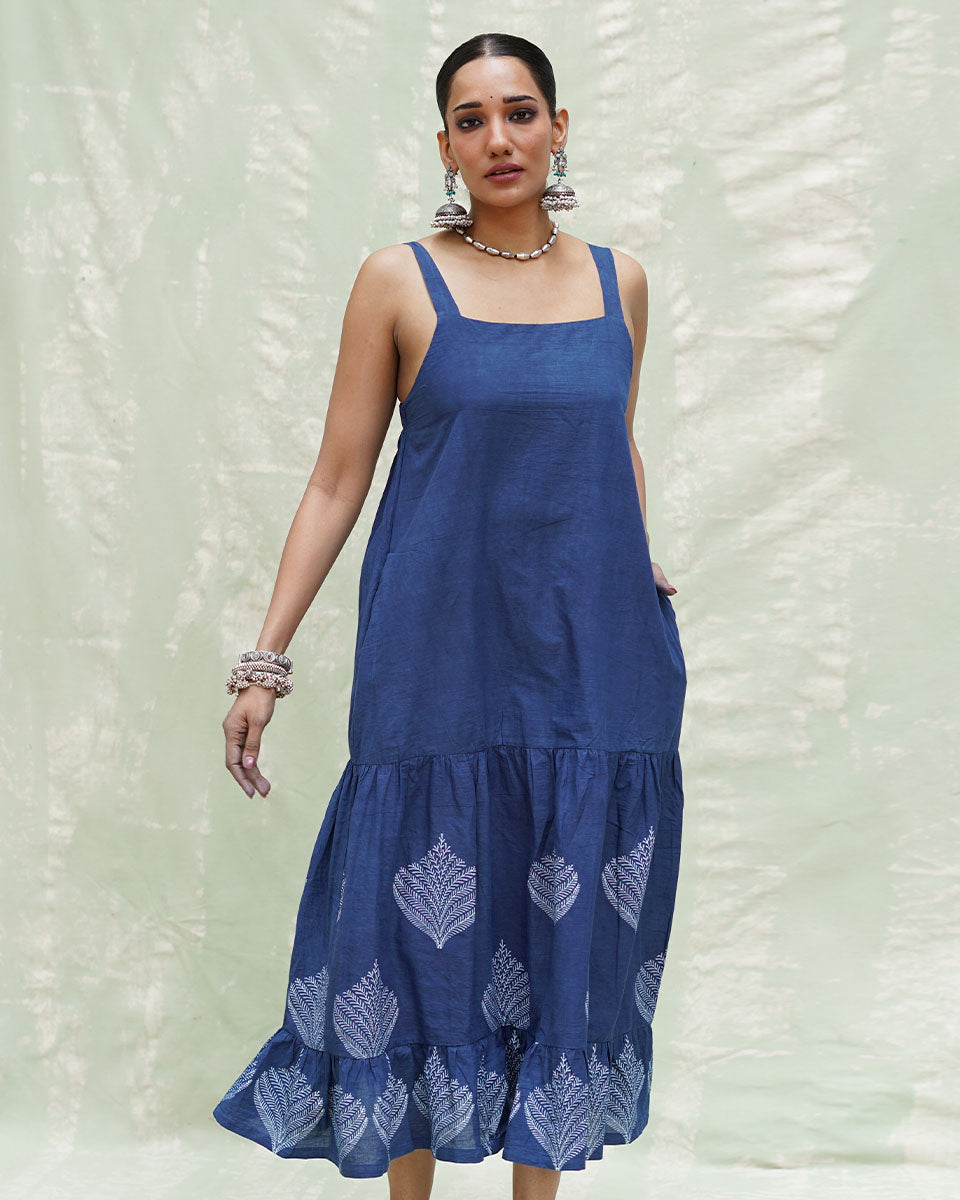 Bahar Blue Handblock Print Cotton Dress - INDI