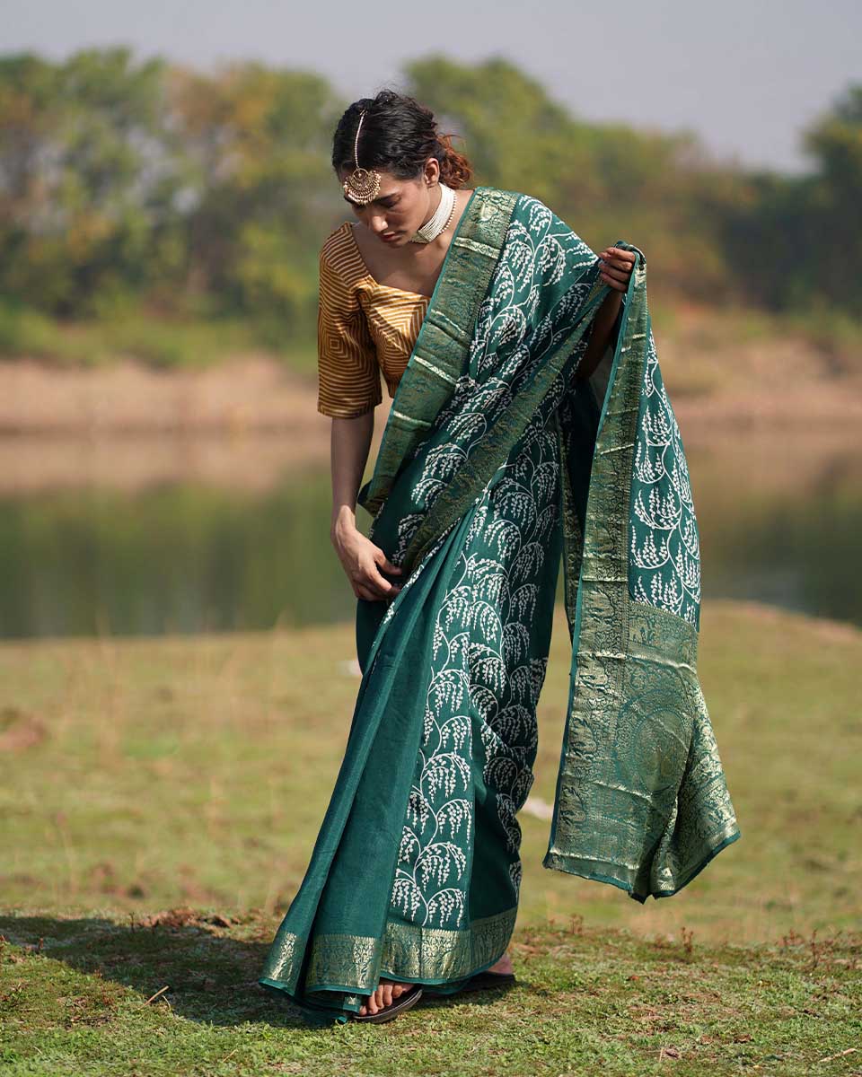 Madhurima Green Block printed Dola Silk Saree - RB