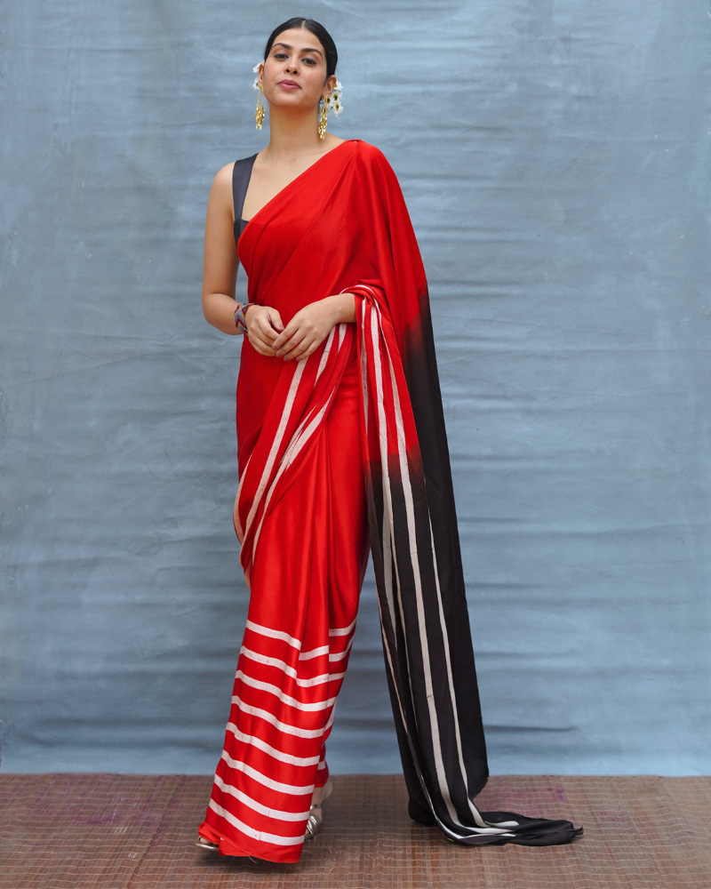 Soft Drift Red Handblock Print Modal Silk Saree - Flow