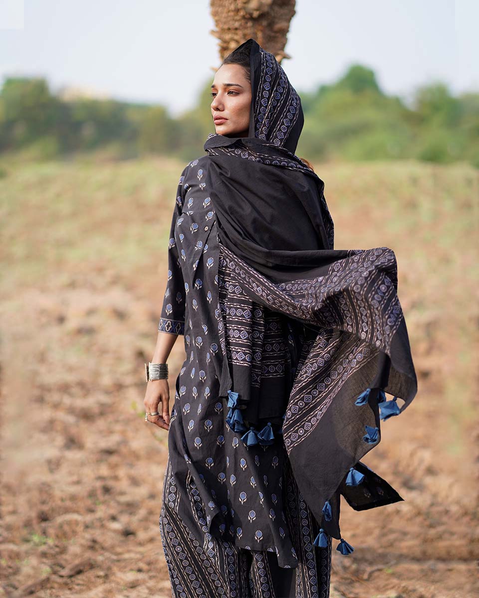 Liquid Grace Blockprinted Cotton Dupatta-WWB