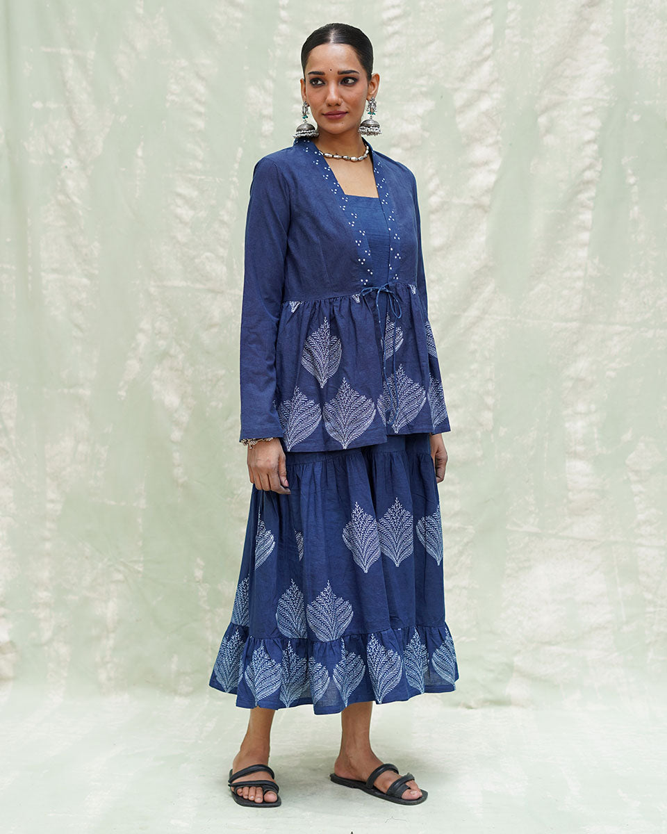 Vihang Blue Handblock Print Cotton Jacket - INDI