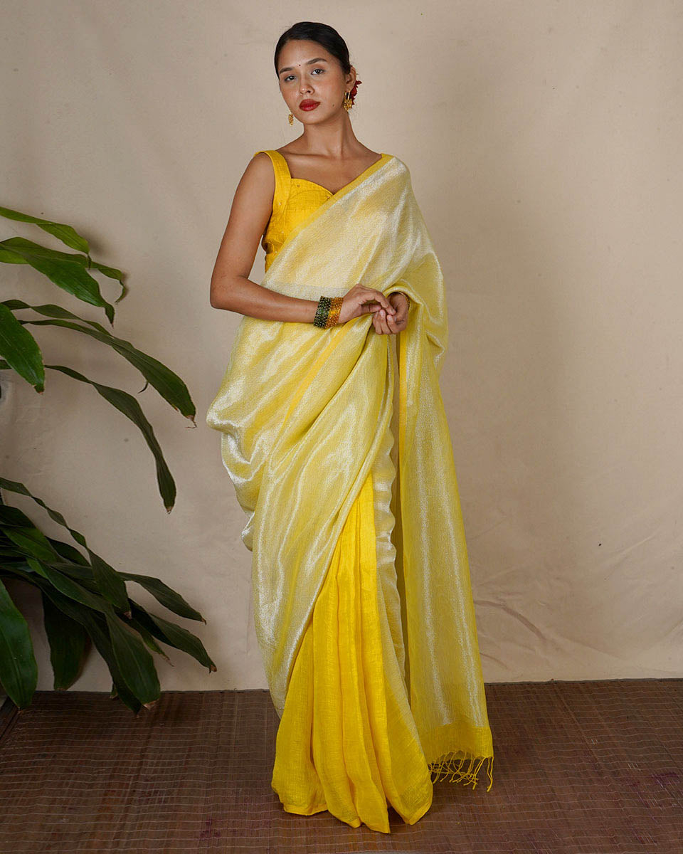 Jasnoor Yellow Handwoven Linen Zari Saree - Eknoor