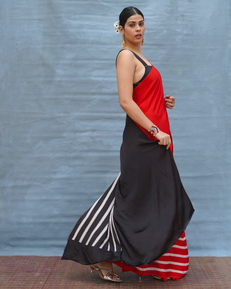 Soft Drift Red Handblock Print Modal Silk Saree - Flow