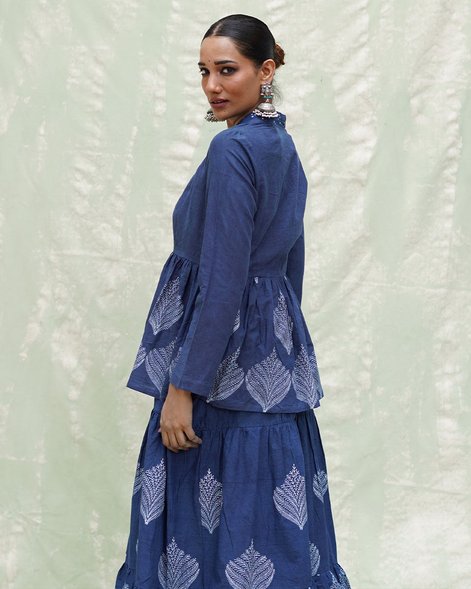 Vihang Blue Handblock Print Cotton Jacket - INDI