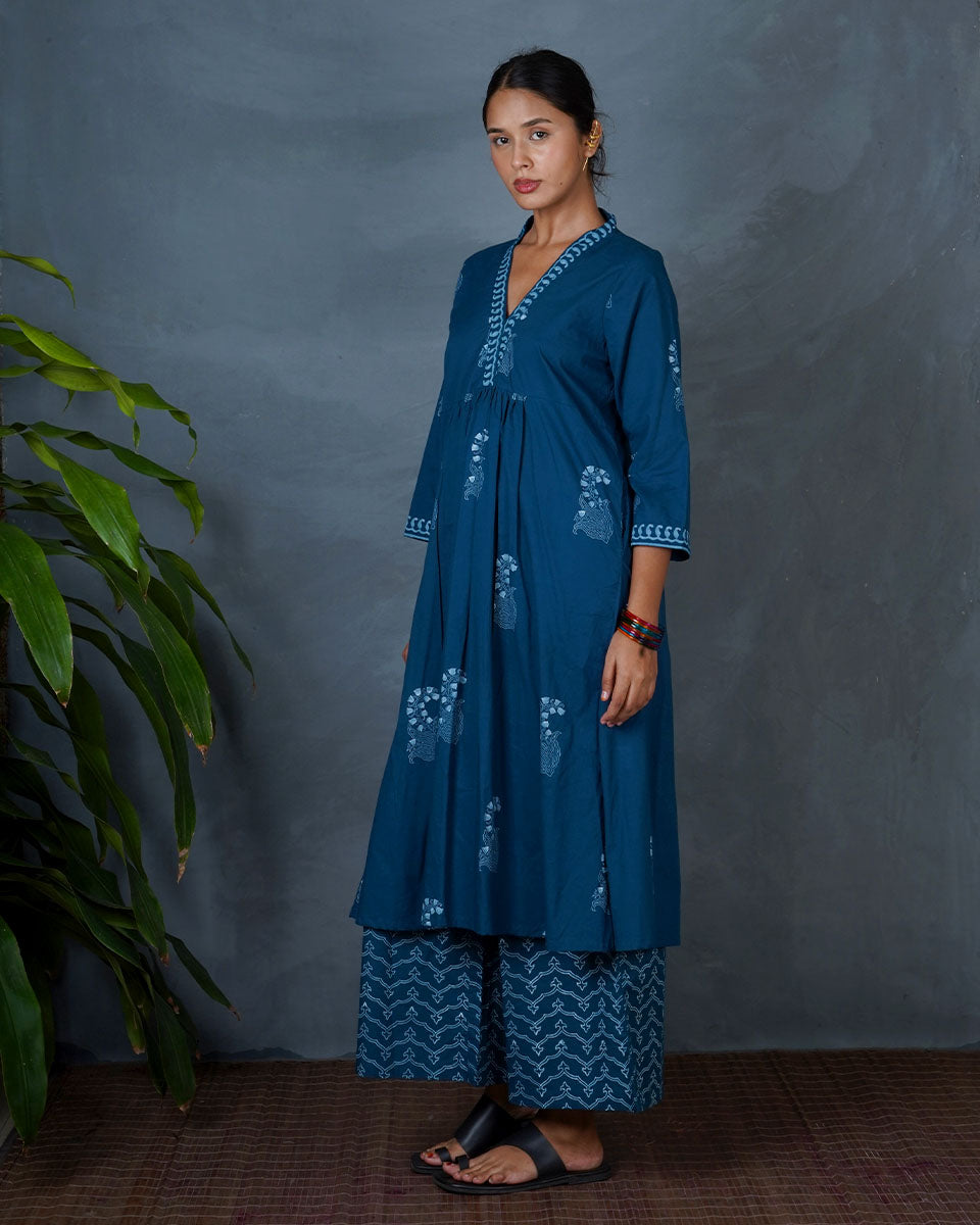 Abhrini Teal Green Hand Block Printed Kurta -MYA