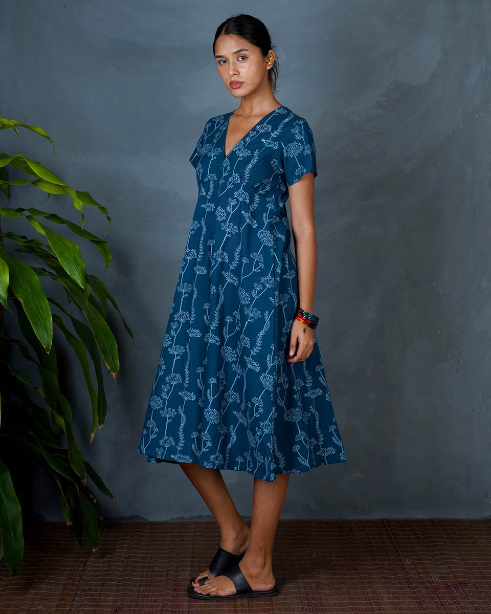 Charvi Teal Green Hand Block Printed Dress-MYA