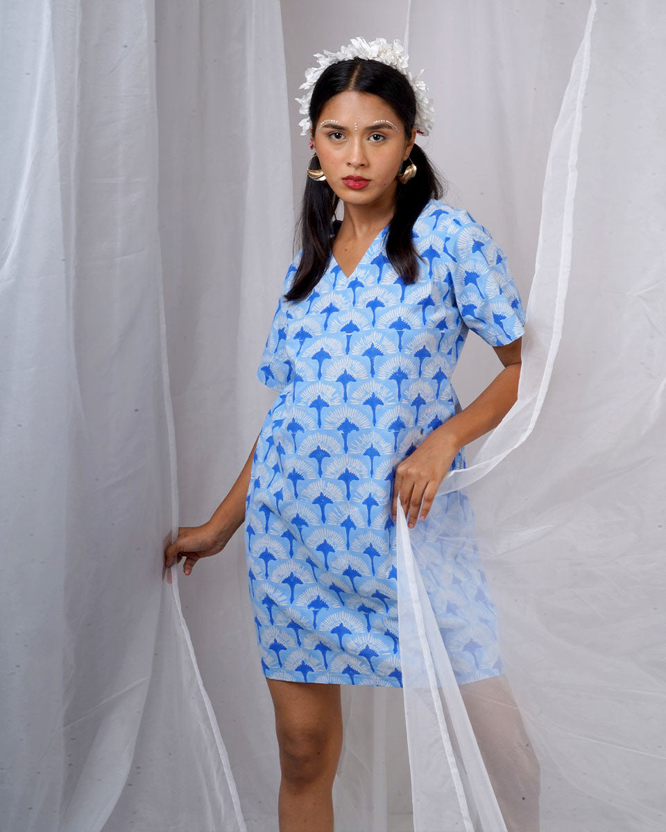 Ira Blue Hand Block Printed Dress-BAD