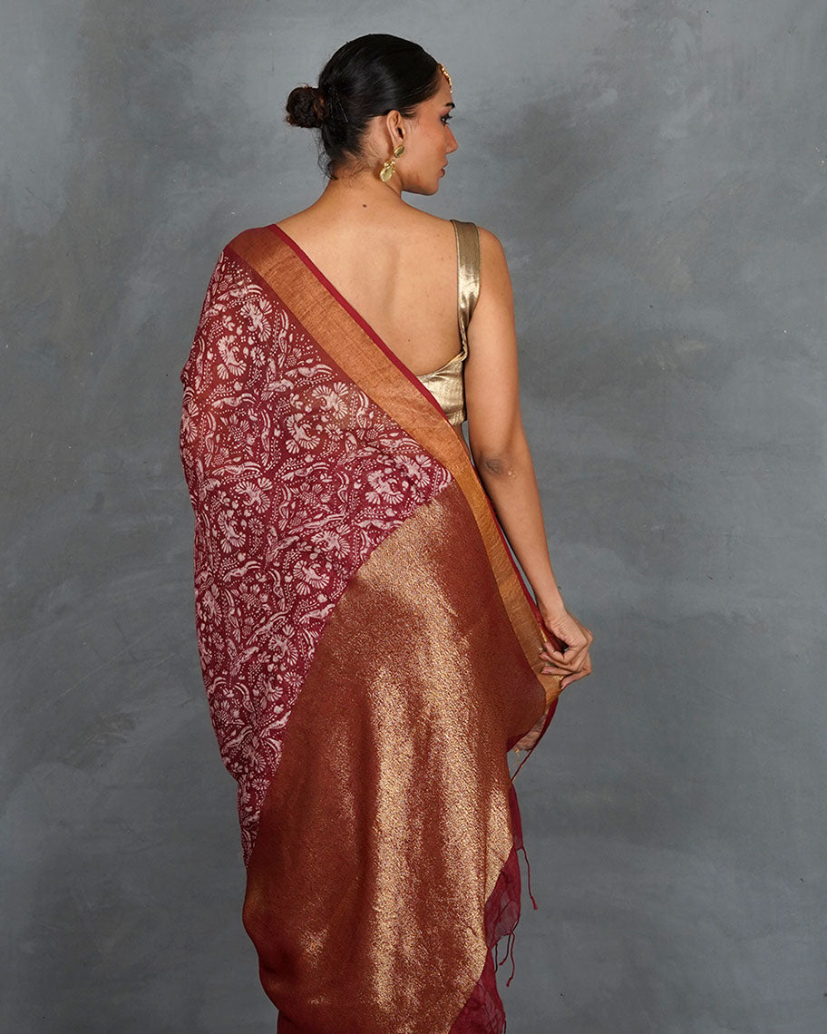 Urvi Maroon Handblock Linen Saree - TARA