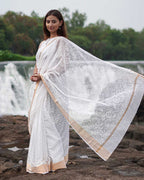 Dewbone Kota Doria Ivory Block Printed Saree - SFD