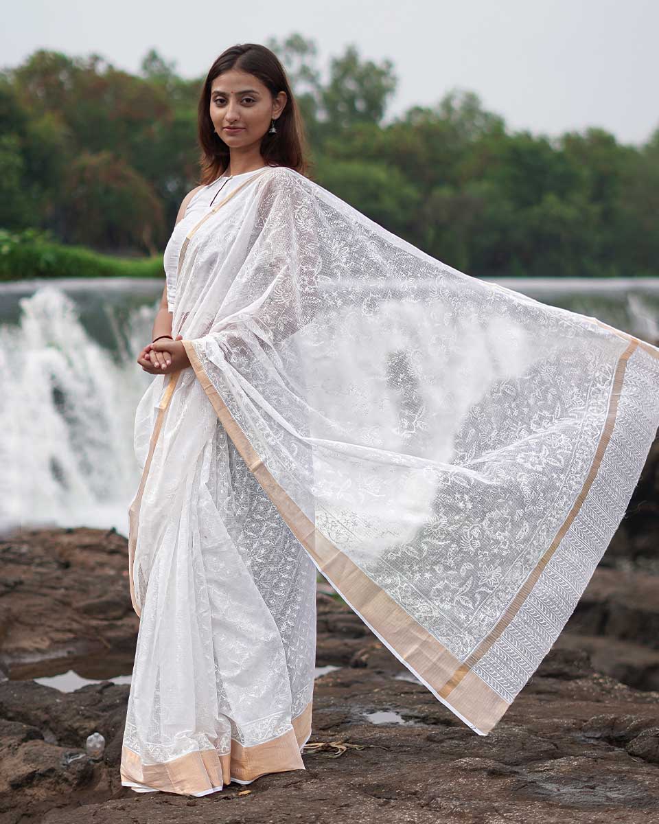 Dewbone Kota Doria Ivory Block Printed Saree - SFD