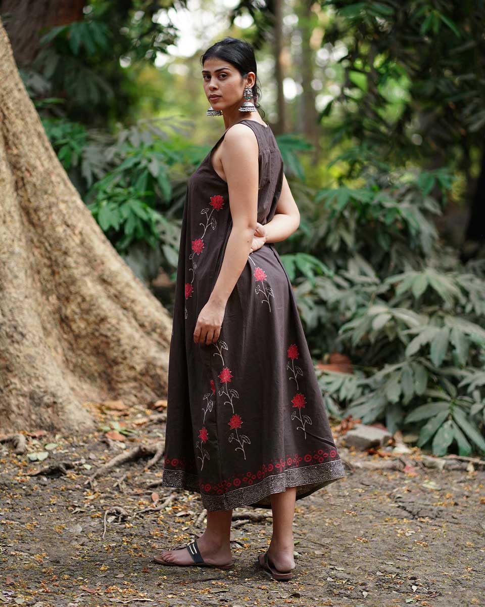 Suhani Brown Block Printed Cotton Dress - WW