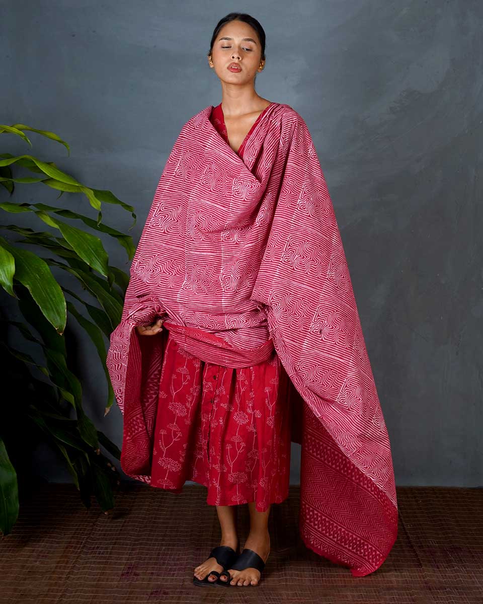 Dhara Red Hand Block Printed Dupatta-MYA