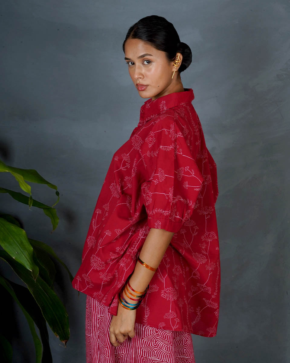 Myra Red Hand Block Printed Top-MYA