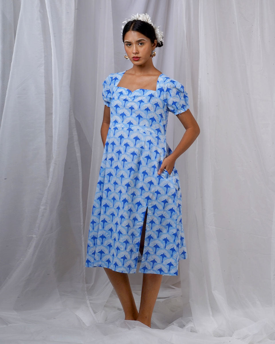 Ishani Blue Hand Block Printed Dress-BAD