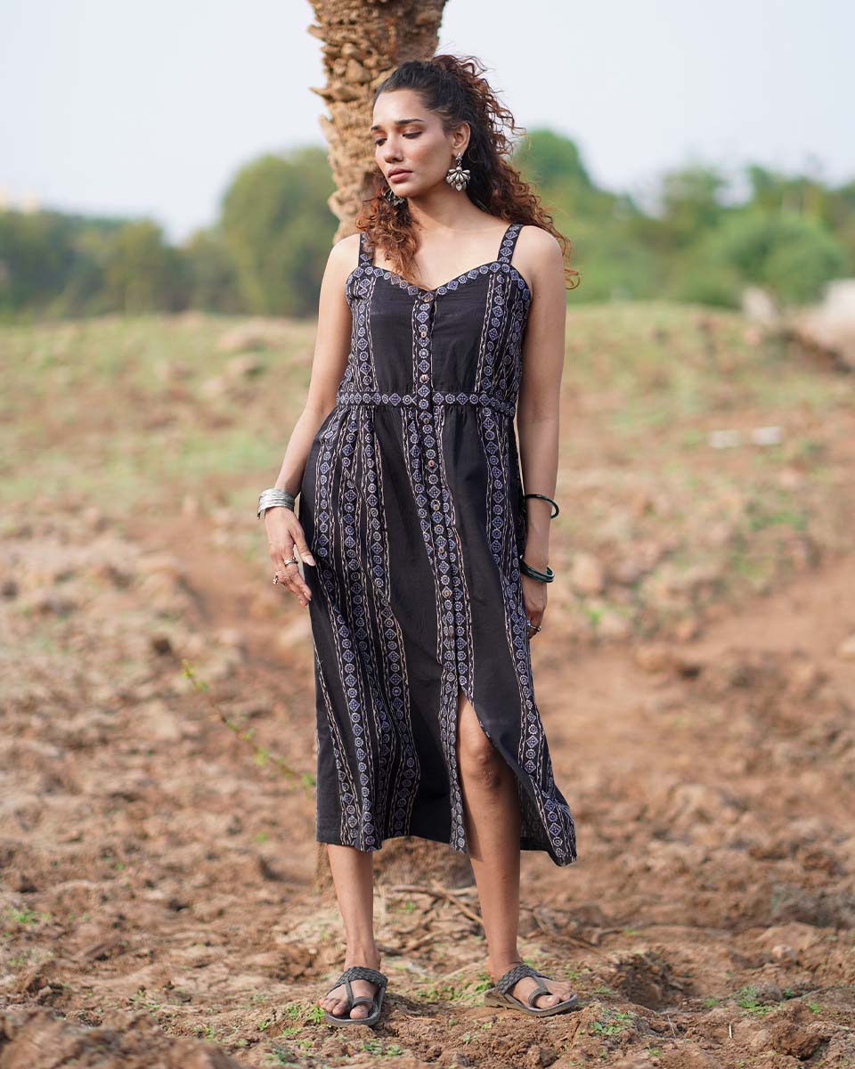 Soft Moonlight Blockprinted Cotton Dress-WWB