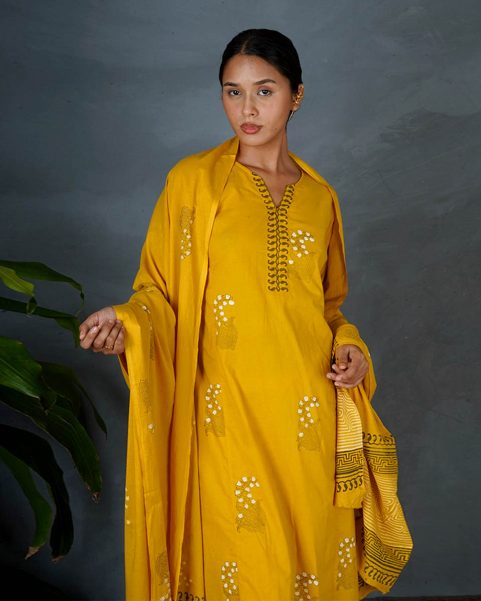 Avira Yellow Hand Block Printed Dupatta-MYA
