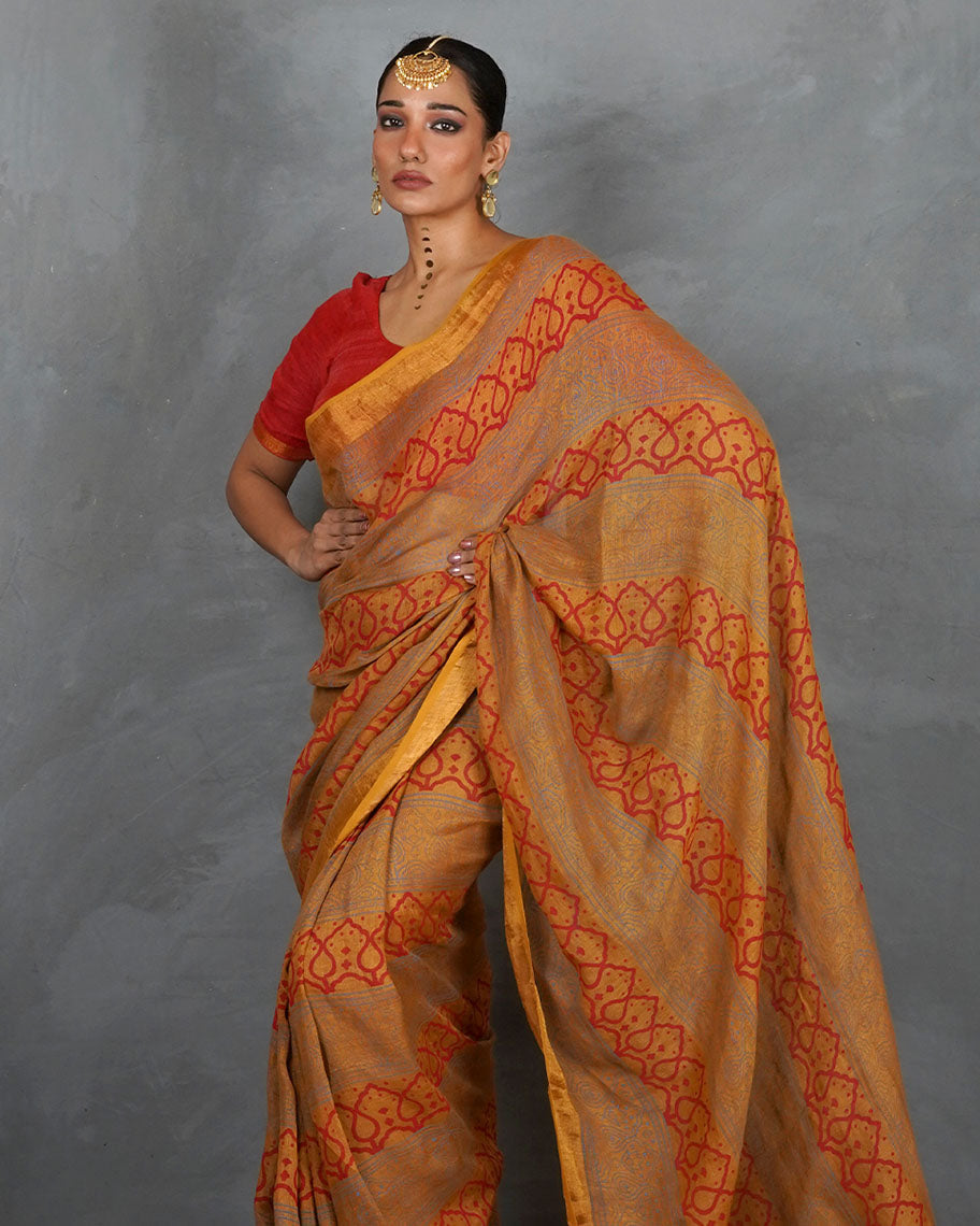 Deepika Mustard Handblock Linen Saree - TARA