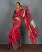 Glow Forward Red With Green Handwoven Linen Saree - TARA