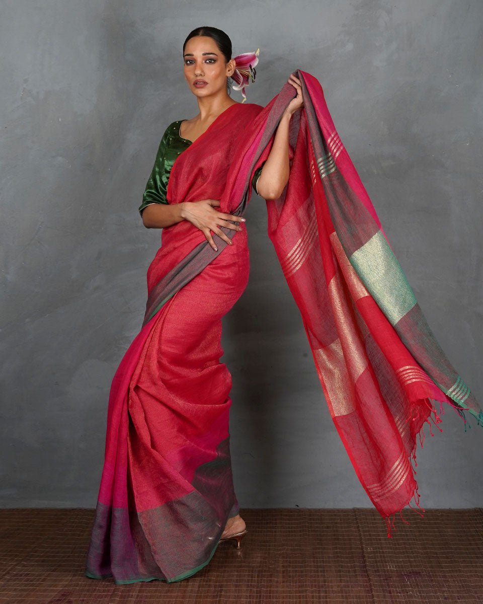 Glow Forward Red With Green Handwoven Linen Saree - TARA