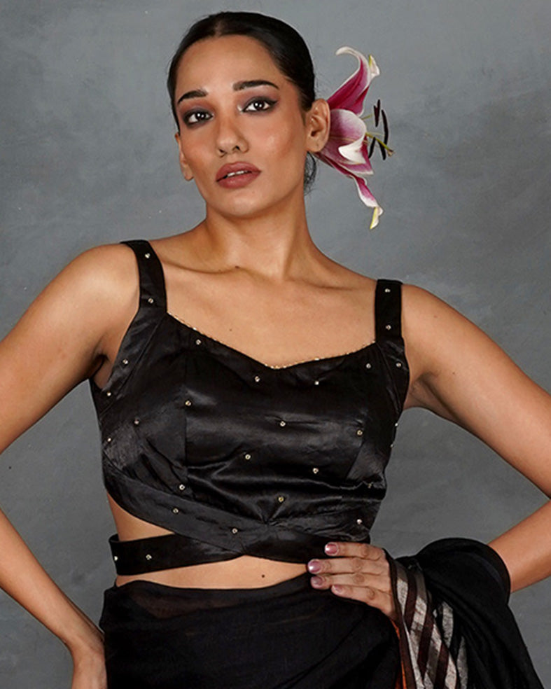 Rise Bright Black Mashru Silk Blouse - TARA