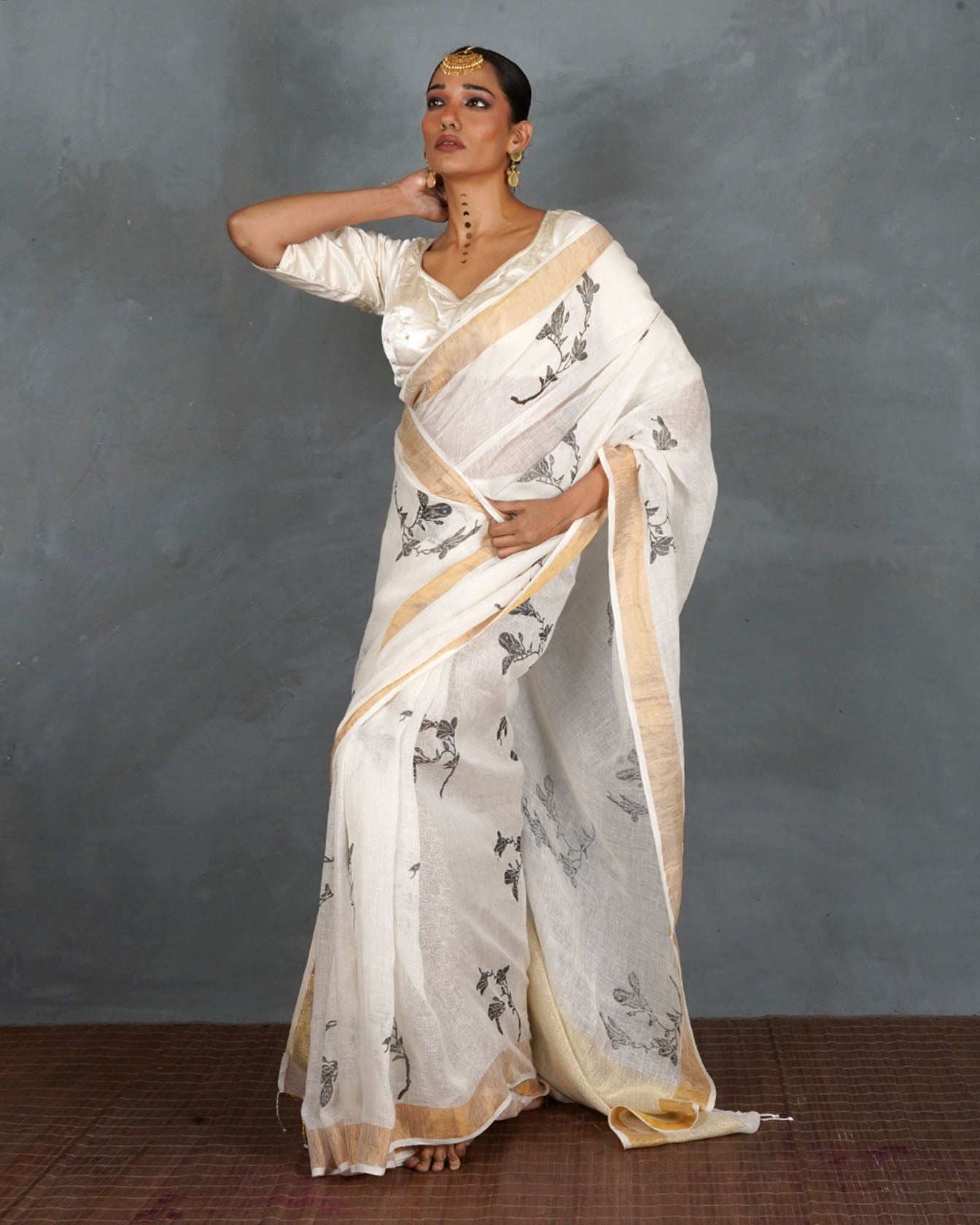 Aabroo White Handblock Linen Saree - TARA