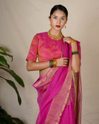 Ujjwala Pink Handwoven Linen Zari Saree - Eknoor