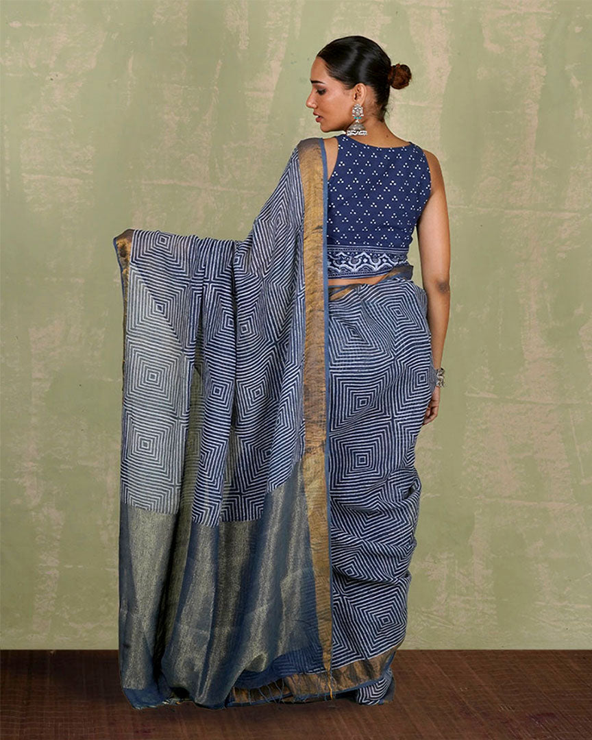 Sarang Blue Handblock Print Linen Saree - INDI