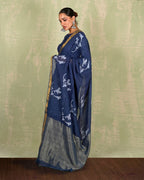 Purva Blue Handblock Print Linen Saree - INDI