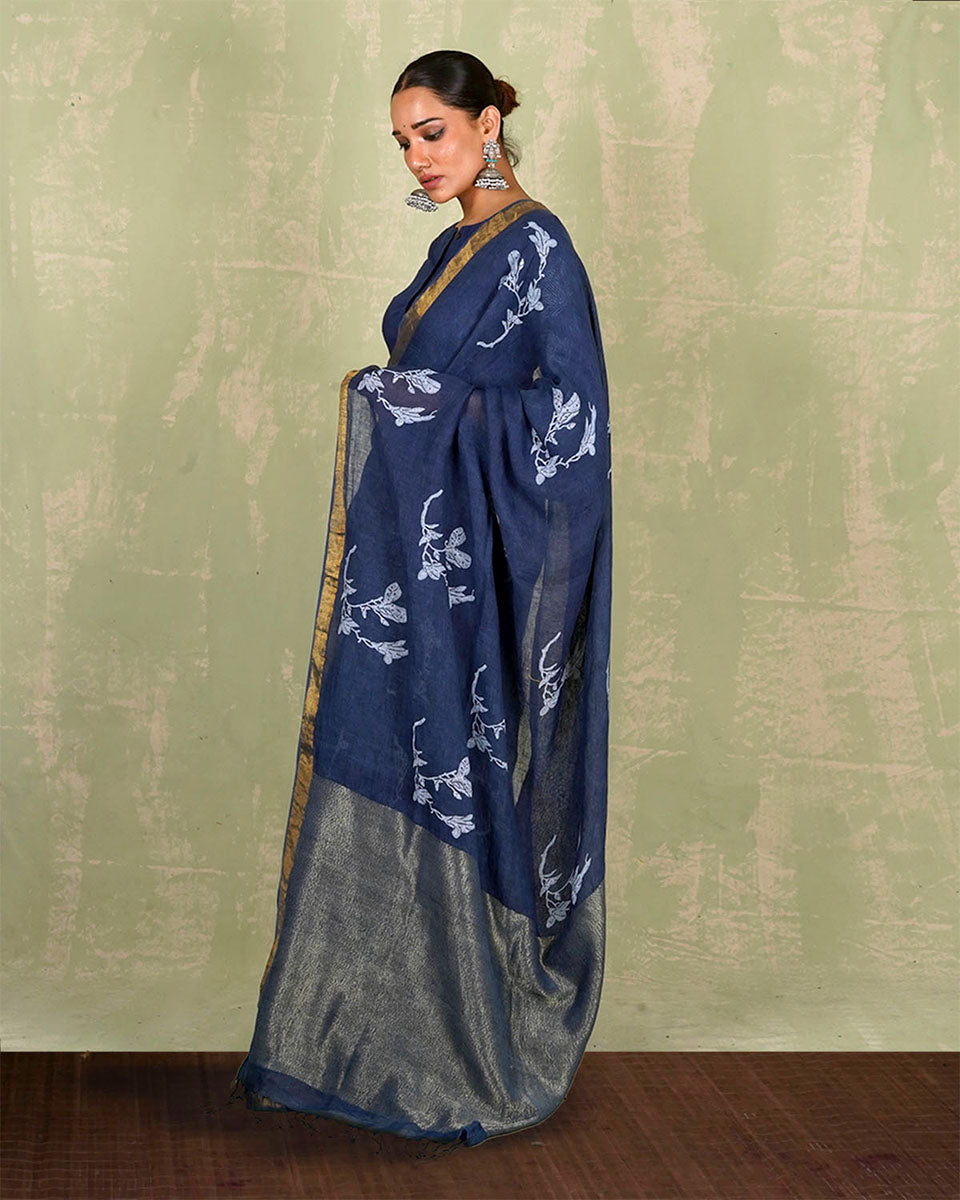 Purva Blue Handblock Print Linen Saree - INDI