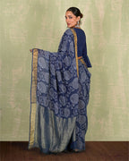 Rahi Blue Handblock Print Linen Saree - INDI