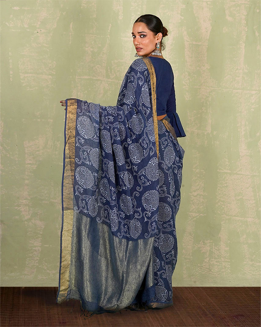 Rahi Blue Handblock Print Linen Saree - INDI