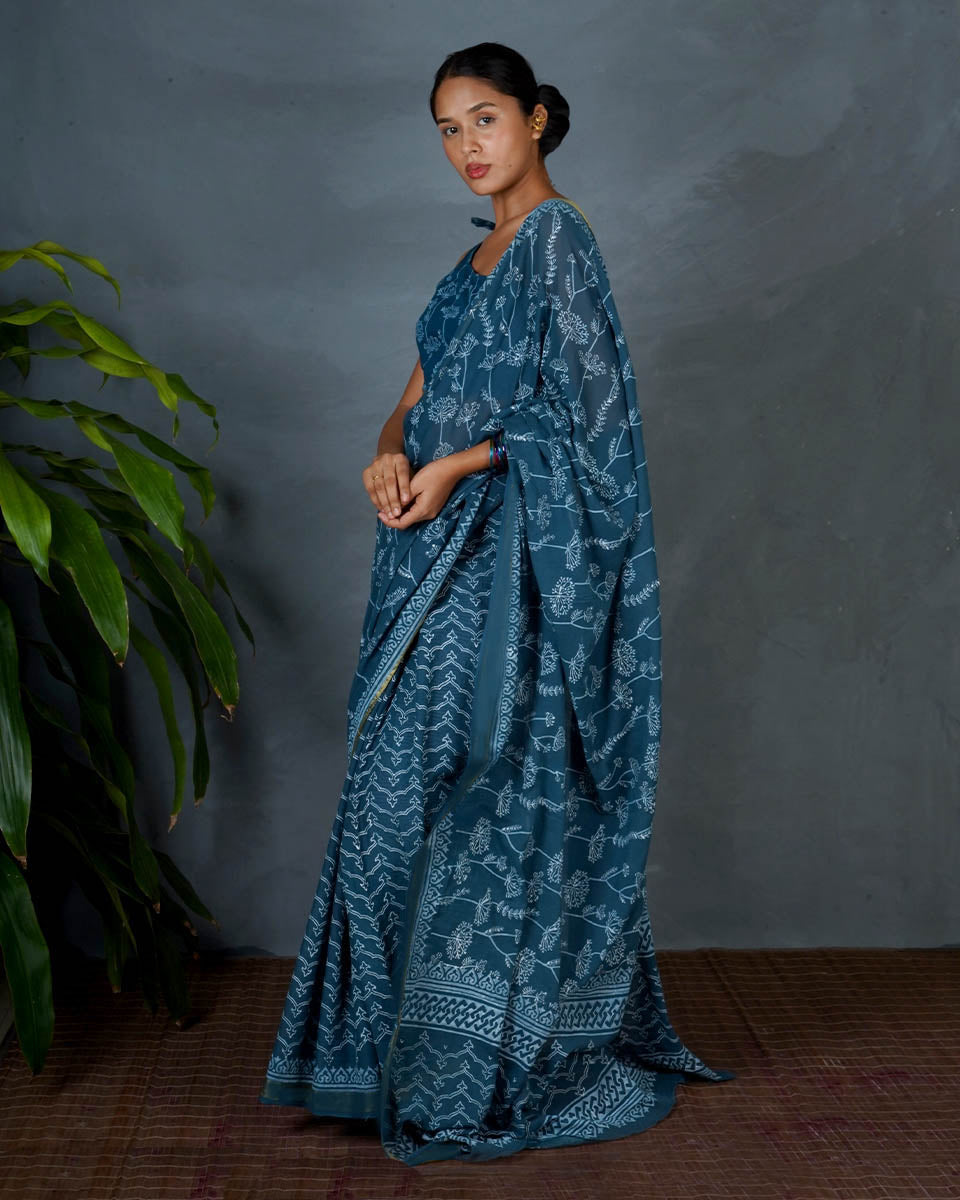 Sia Teal Green Hand Block Printed Saree-MYA