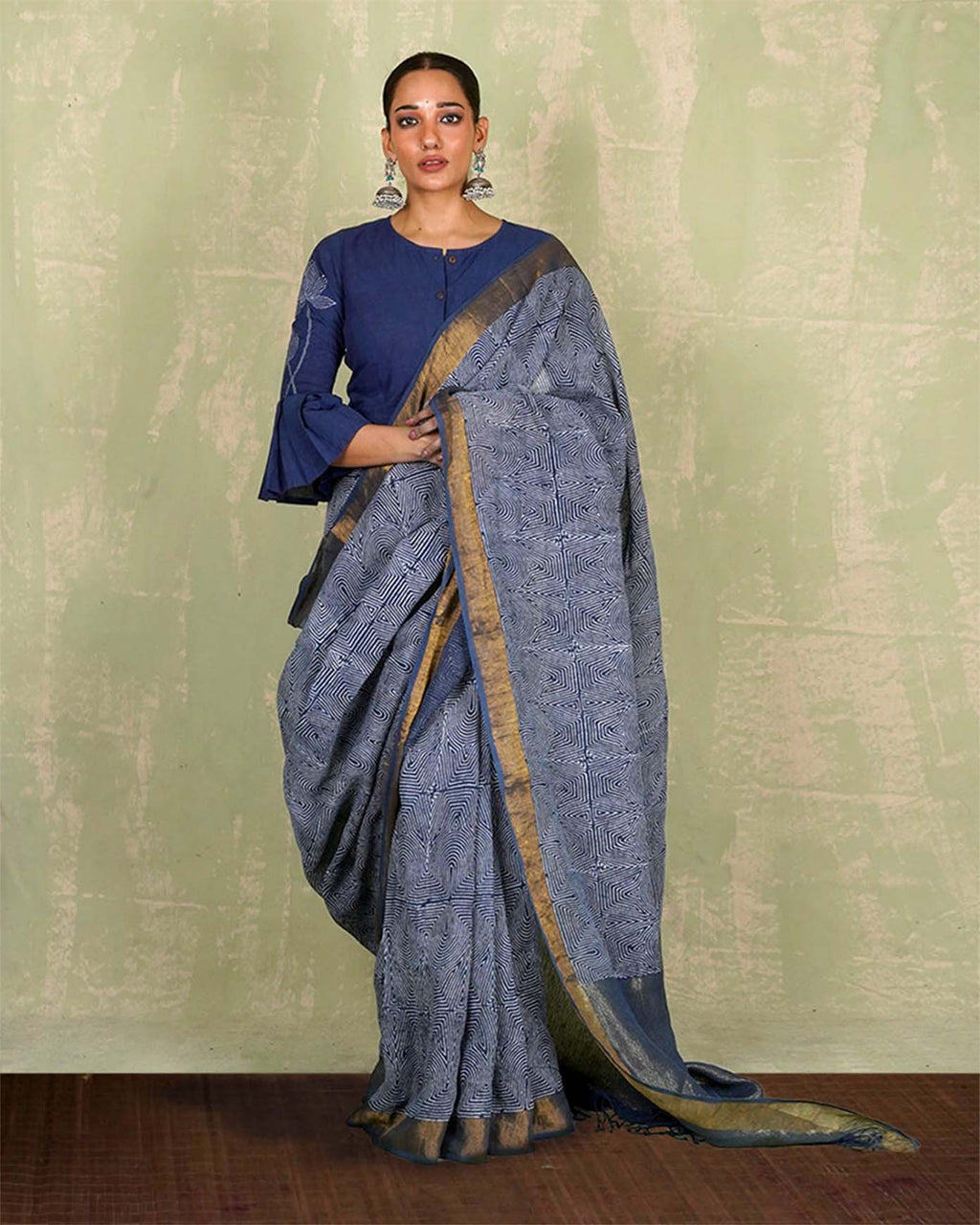 Sanjh Tarini Blue Handblock Print Linen Saree - INDI