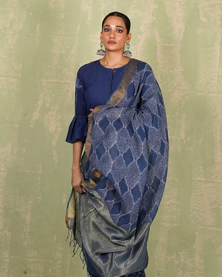 Sandhya Blue Handblock Print Linen Saree - INDI
