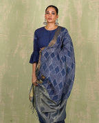 Sandhya Blue Handblock Print Linen Saree - INDI