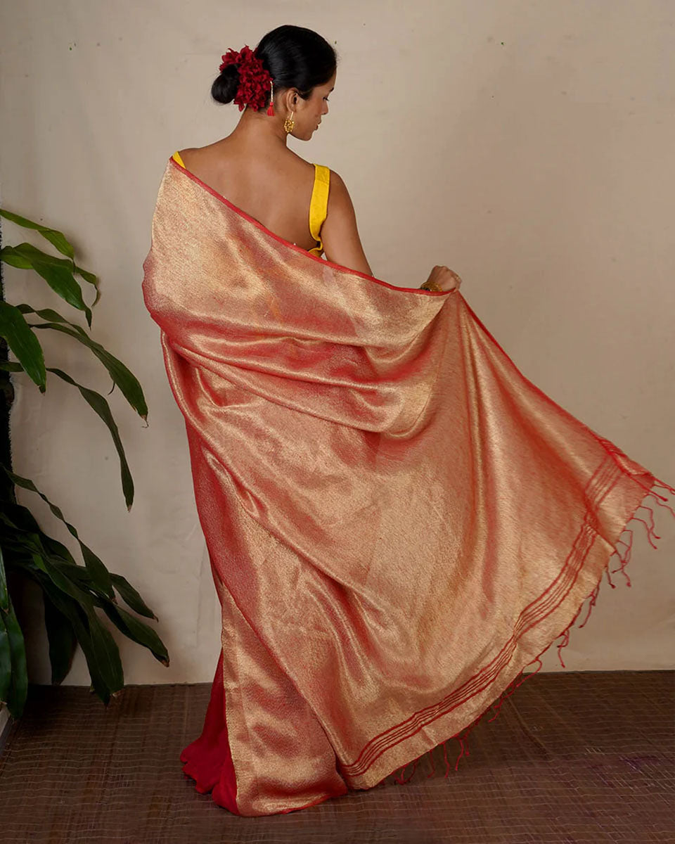 Abhati Red Handwoven Linen Zari Saree - Eknoor