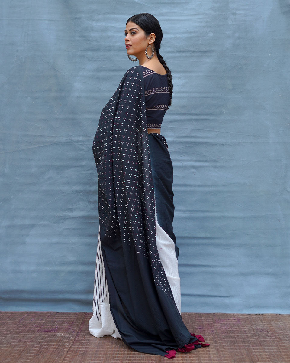 Monochrome Magic Black & White Handblock Print Cotton Saree - MIS