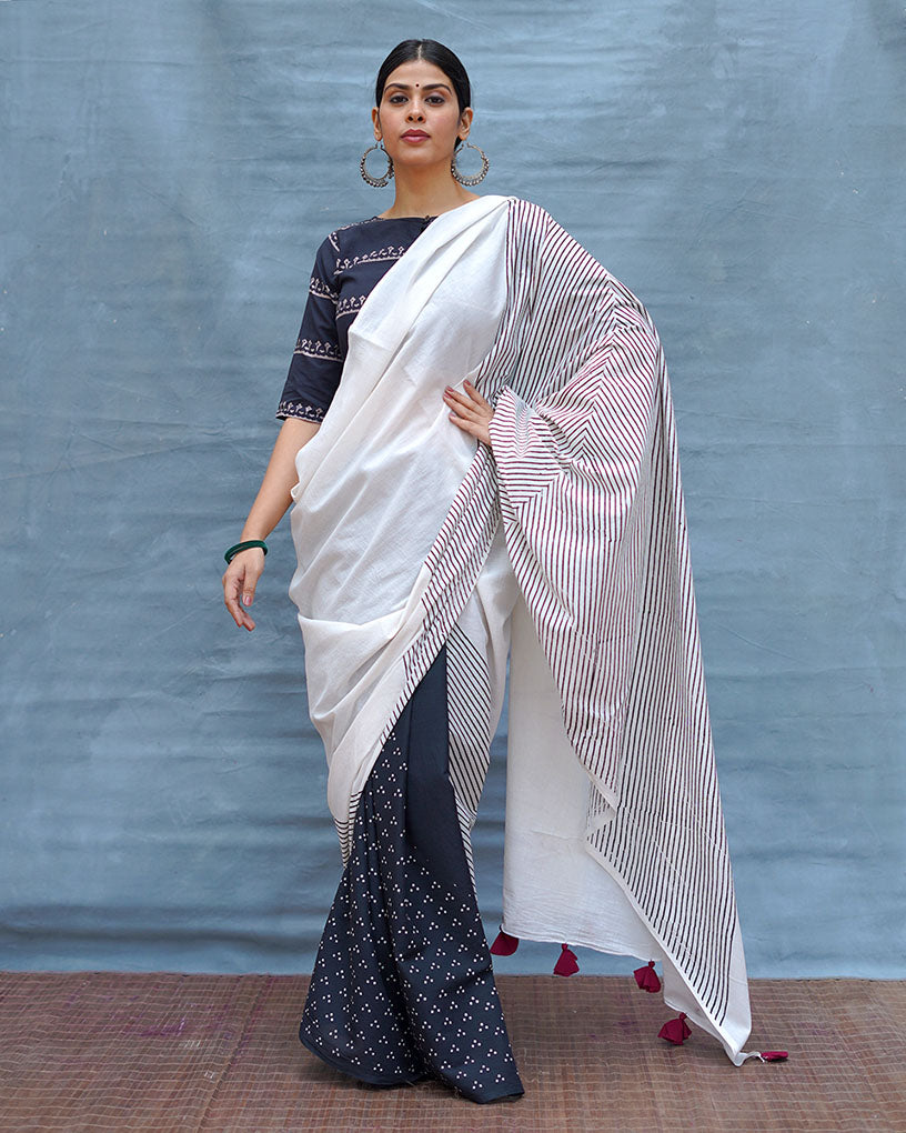 B&W Muse Black & White Handblock Print Cotton Saree - MIS