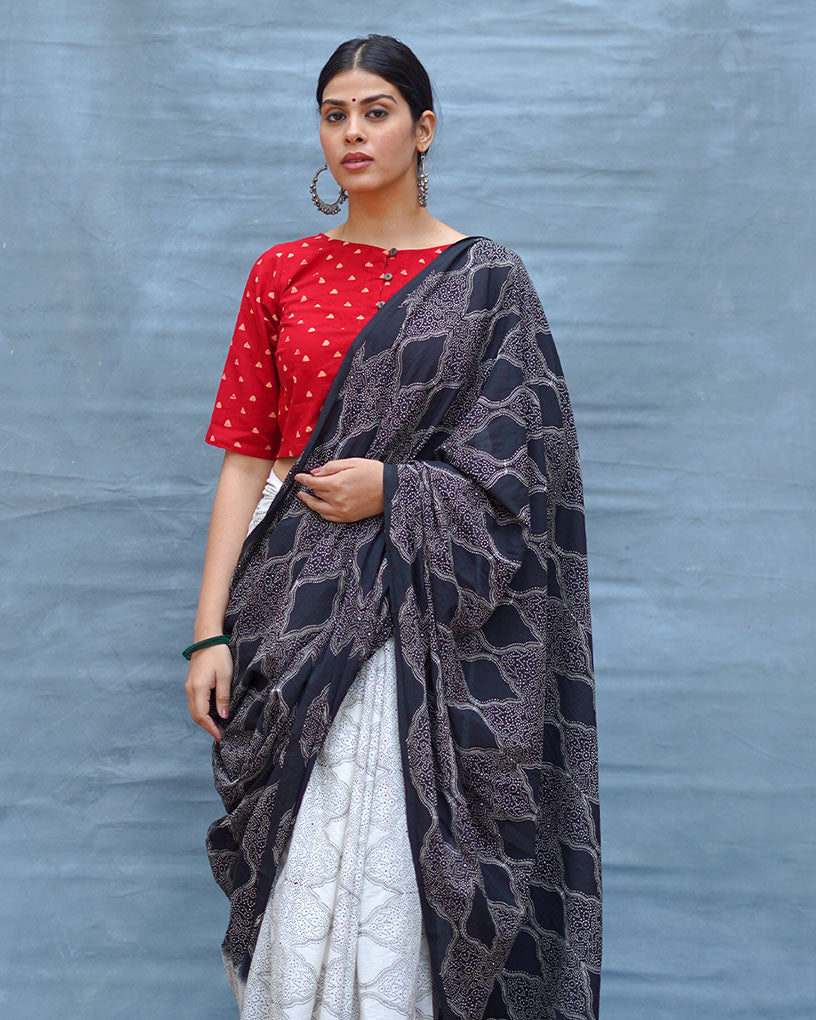Black & White Tale Handblock Print Cotton Saree - MIS