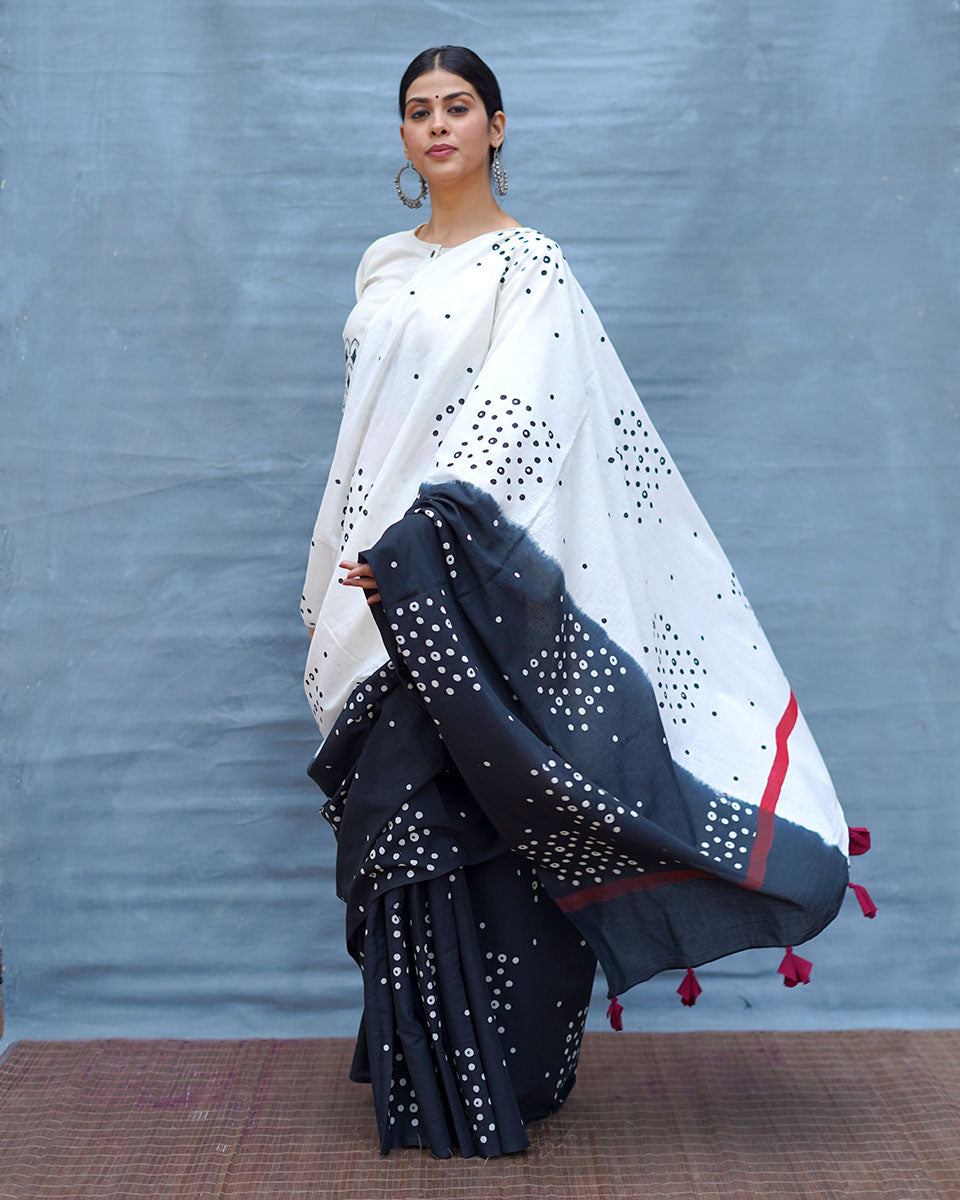 Colourblind Black & White Handblock Print Cotton Saree - MIS